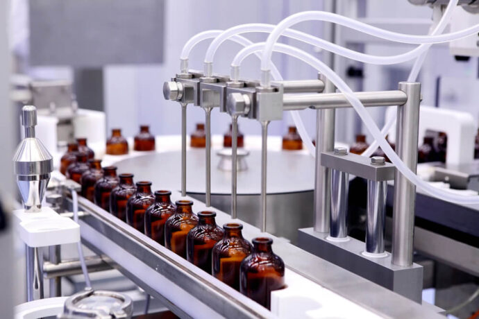 Medical bottles being filled on a production line