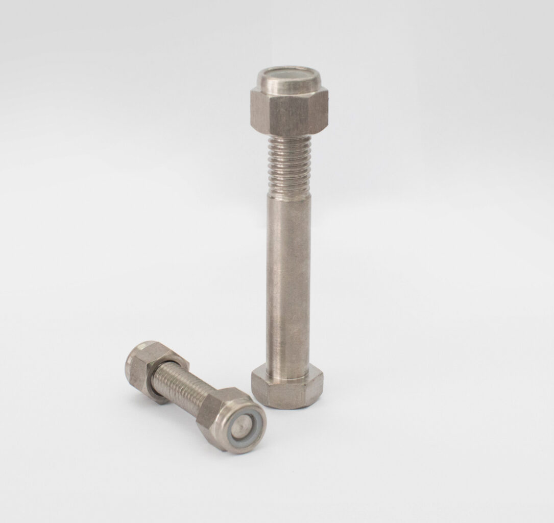 Nuts and bolts made from Monel on a white background